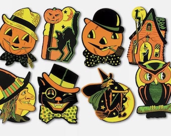 May include: A selection of vintage Halloween cutouts. The designs include jack-o'-lanterns, a black cat, a witch, an owl, and a haunted house. The colour palette is orange, black, yellow, and green, with a retro style.