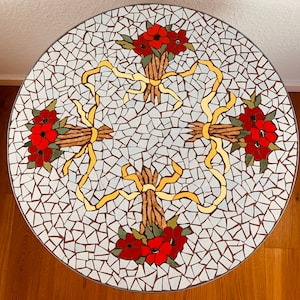 Mosaic garden table of steel with ceramic tiles for indoor and outdoor