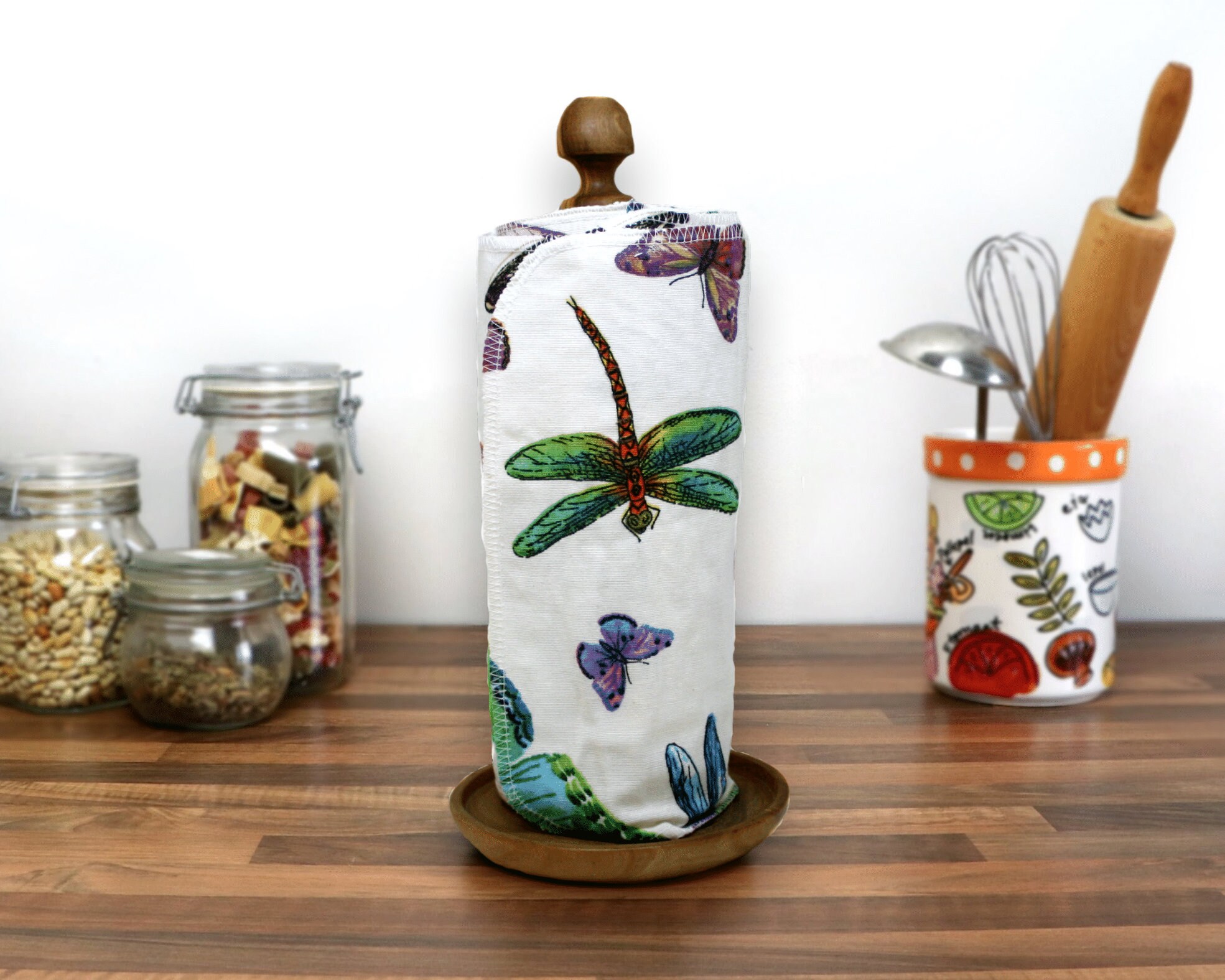Unpaper Paperless kitchen towels - Zero waste eco housewarming gift - Reusable paper towel roll - Linen Cloth napkins with Snaps - Butterfly