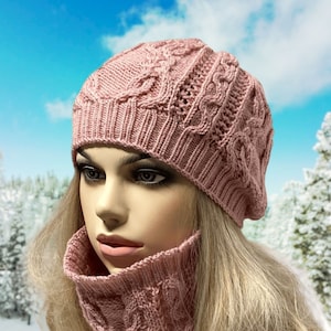 Aran Cable Knit Wool Hat & Scarf Set - Pink Salmon