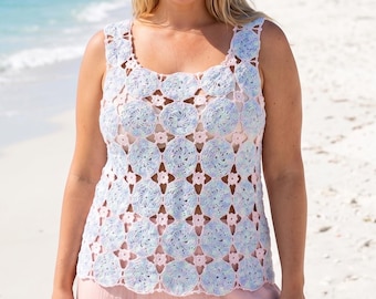 Crochet Granny Square Flower Tank Top Summer Pastel Pink Boho XL Vacation