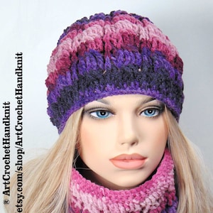 Aran Knit Wool Hat and Scarf Set: Chunky Cable Knit, Purple Pink Rose