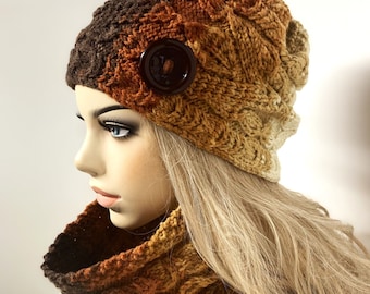 Hat scarf set women's. Winter orange Hat with button/scarf. Wool hand knit hat scarf set. Aran hat/celtic scarf hat. Knitted accessory women