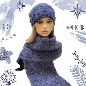 Navy blue mohair hat & long scarf women&#39;s. Winter wool Celtic Long Scarf and Slouchy Hat- 2 pieces set. Aran hand knit hat/scarf. Gift women