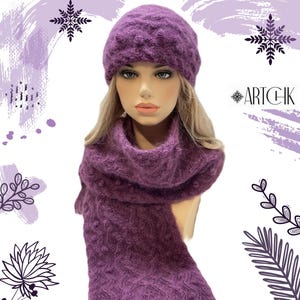 Purple mohair hat & scarf set women's. Winter wool Celtic long scarf and slouchy hat- 2 pieces set. Aran hand knit hat scarf. Gift women