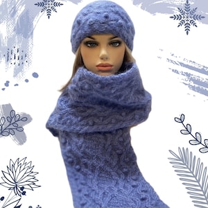 Blue Mohair Hat and Scarf Set: Hand-Knit Celtic Aran Wool