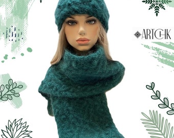 Antieke groene mohair wollen kabelgebreide slouchy muts, lange sjaal, handgemaakte winterset