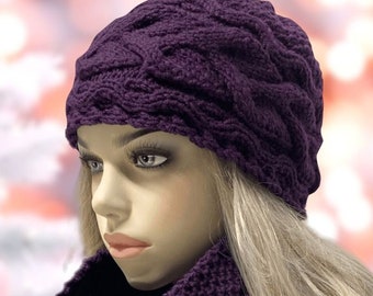 Hat & scarf set women's. Turban wool winter hand knit hat scarf women/men set. Purple hat scarf set-2 pieces set unisex. Cable hat scarf set