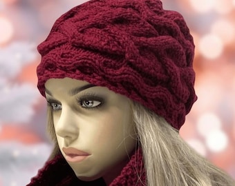 Hat & scarf set women's. Turban winter wool chunky hat scarf set. Red cable hand knit hat scarf women/men-2 pieces set unisex.Knitted turban
