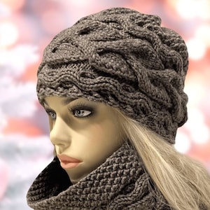 Hand Knit Wool Hat Scarf Set: Aran Cable Knit - Denim Brown