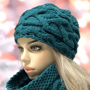 Hand Knit Wool Hat Scarf Set: Chunky Cable Knit - Antique Green