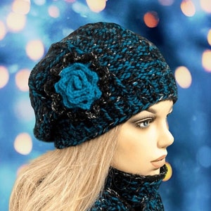 Hand Knit Mohair Hat and Scarf Set: Slouchy Tweed Winter Set