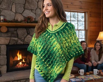 Vinterstrikket Poncho Flerfarvet Grøn med Blade | Tyk Strikket Sweater/Skjul