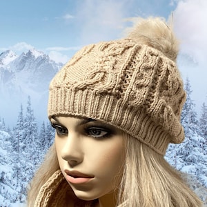Aran Cable Knit Wool Hat and Scarf Set - Beige Pink
