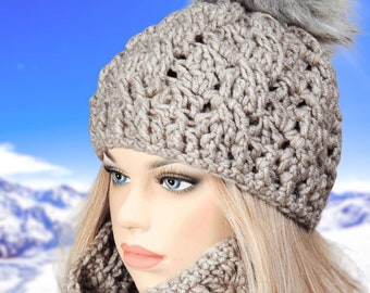 Hand Crochet Wool Hat and Scarf Set: Cable Knit Beanie Beige Winter Women's, Handmade