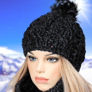Hand-Knit Wool Hat and Scarf Set: Cable Knit Pompom Beanie