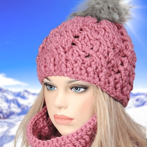 Hand Knit Wool Hat Scarf Set: Pink Cable Knit Beanie