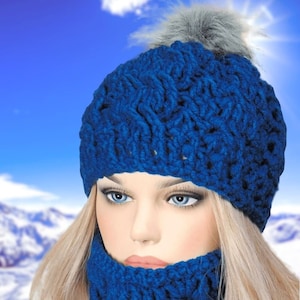 Royal Blue Wool Hat and Scarf Set: Chunky Hand Knit Winter Set