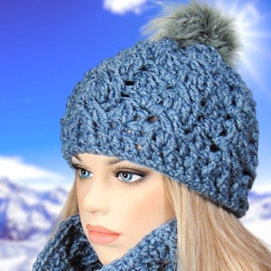 Hand-Crocheted Wool Hat & Scarf Set: Light Blue Melange Chunky Knit