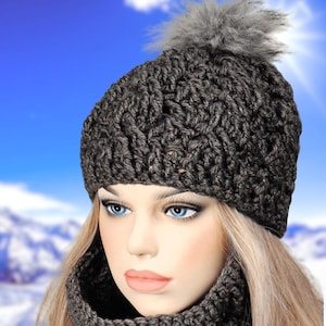 Hand-Knit Wool Hat and Scarf Set: Cable Knit Beanie, Snood - Brown Jeans Melange