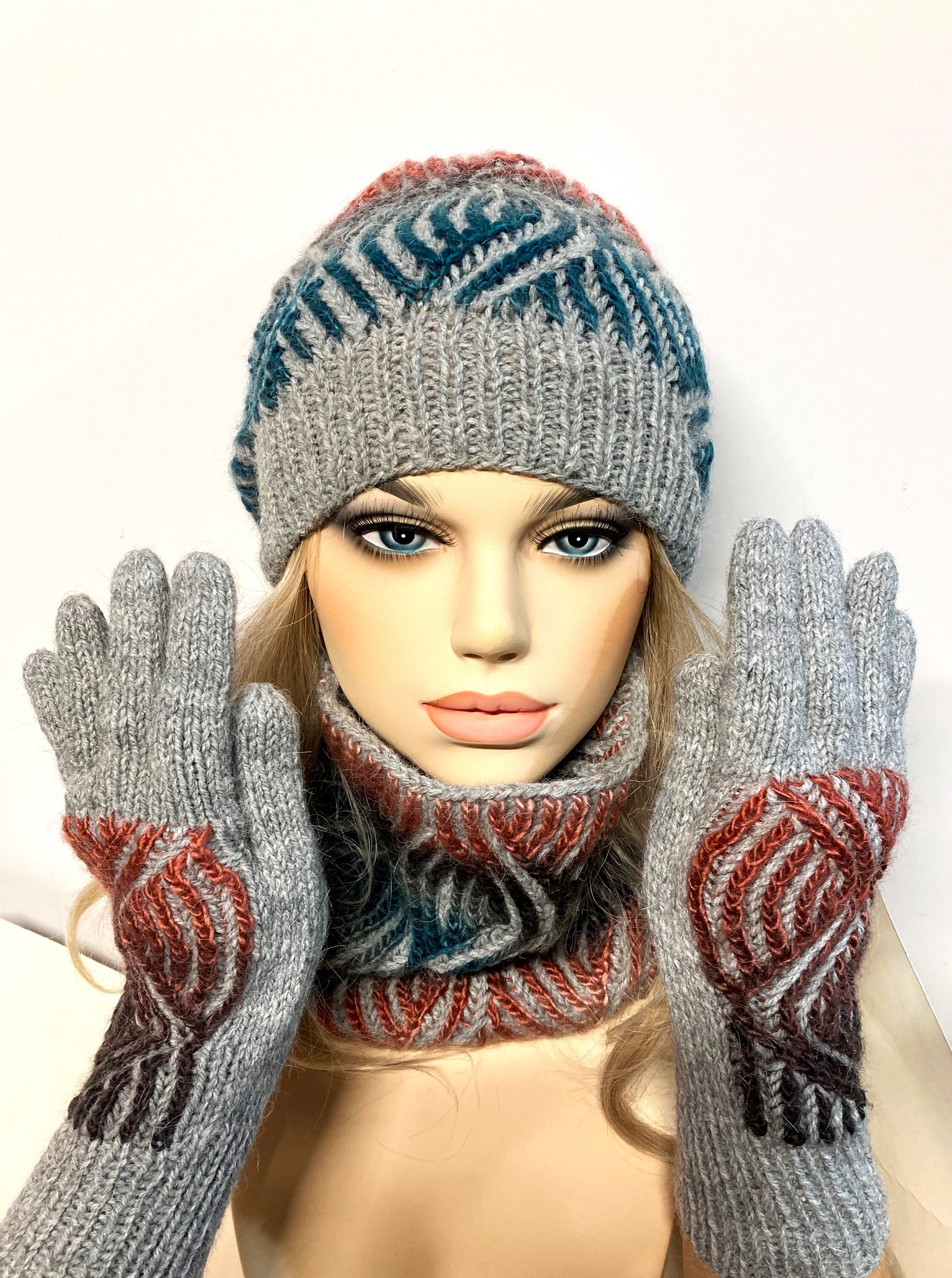 Hat Scarf Glove Set Brioche. Scarf Hat Gloves With 5fingers Etsy UK