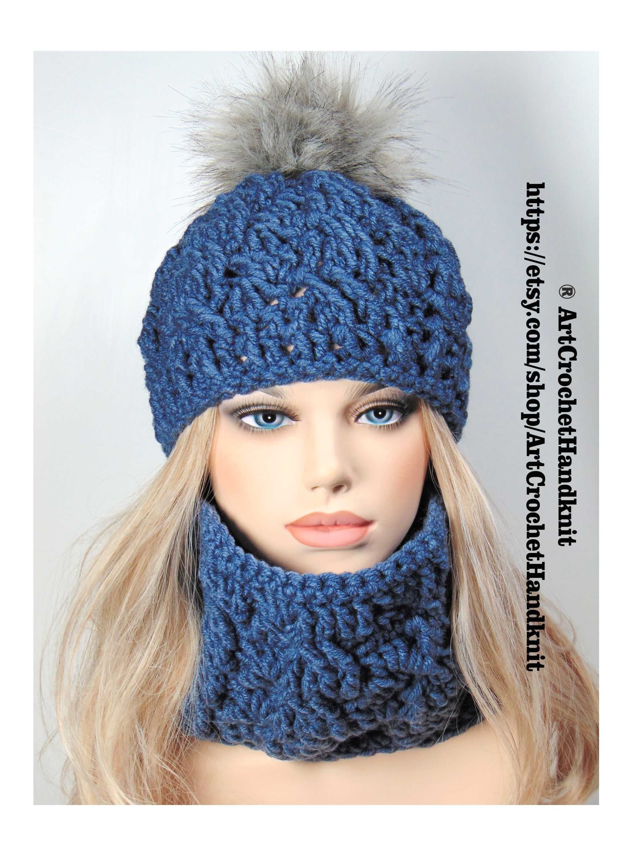 Hat Scarf Set Pom Pom. Crochet Hat 