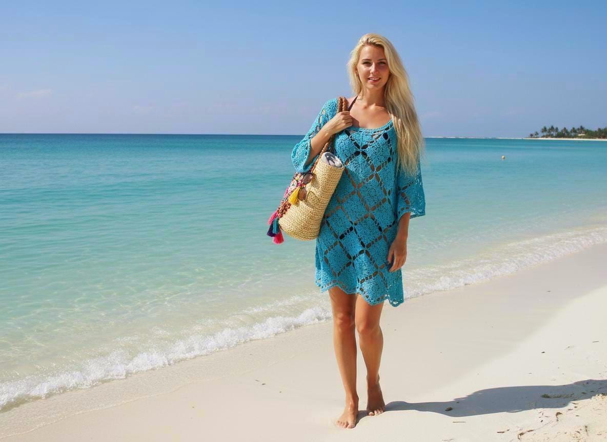 Turquoise Crochet Mini Beach Dress: Boho Granny Square Tunic, Plus Size -  ARTCHK - Etsy