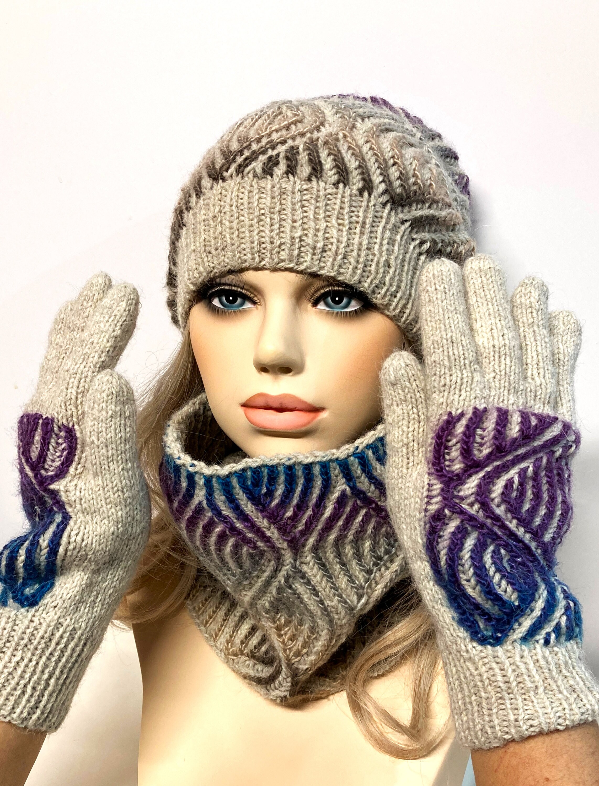 Hat Scarf Glove Set Brioche. Scarf Hat Gloves With 5fingers Etsy UK