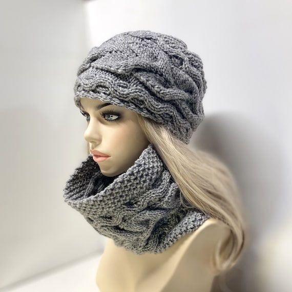 Wool Hat Scarf Set Gray Scarf Knit Loop Scarf for Women Hat 