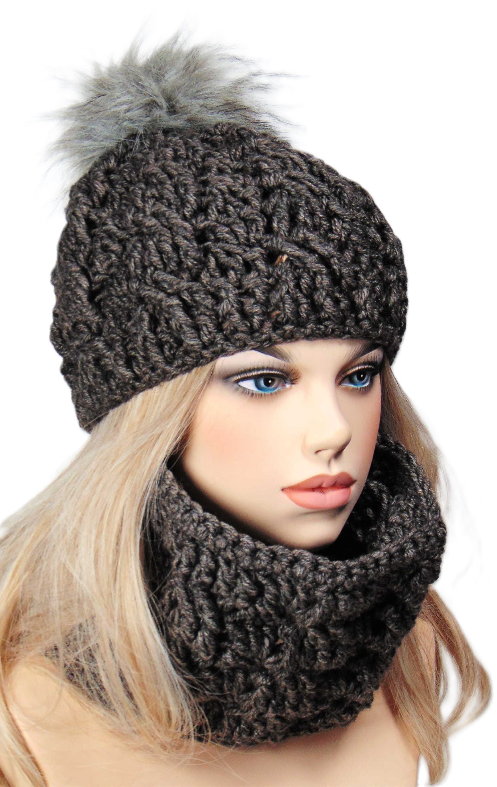 Ski Hat Scarf Set women. Winter pom pom hat scarf set. Wool