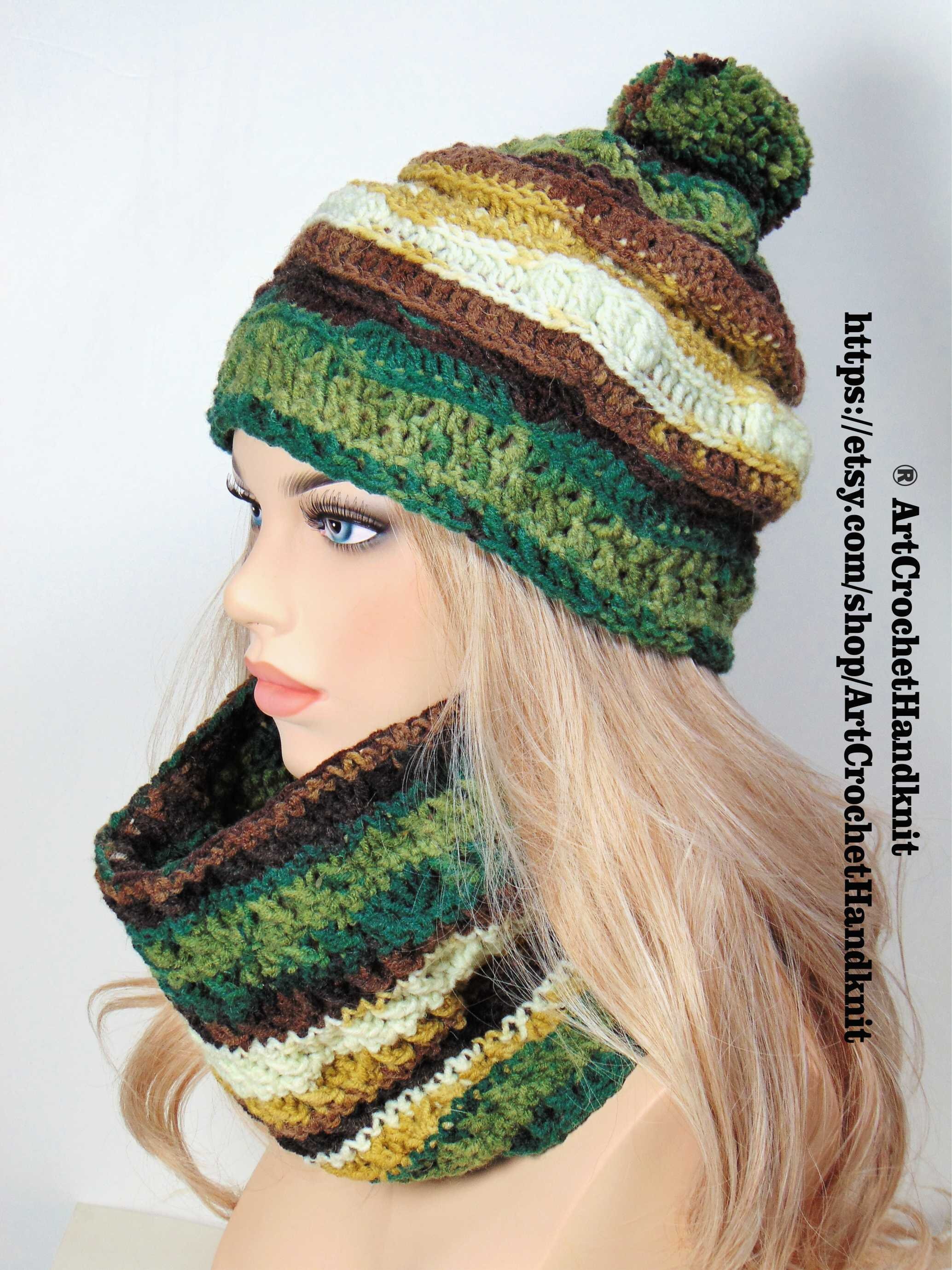 Blue Hand Knit Wool Hat Scarf Set: Multicolor Pompom, Winter  display picture 3