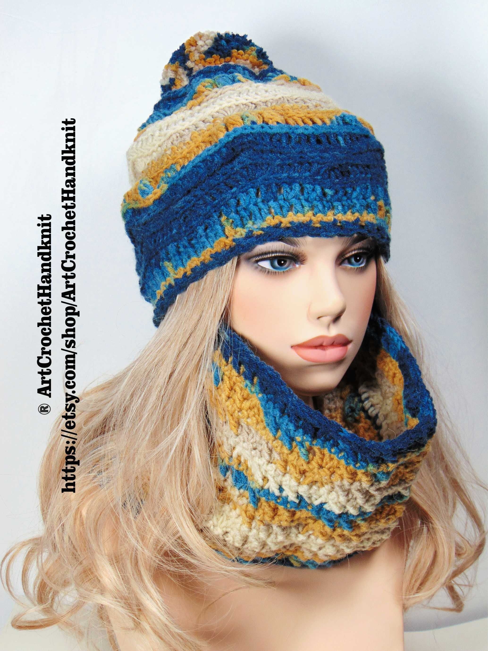 Blue Hand Knit Wool Hat Scarf Set: Multicolor Pompom, Winter 