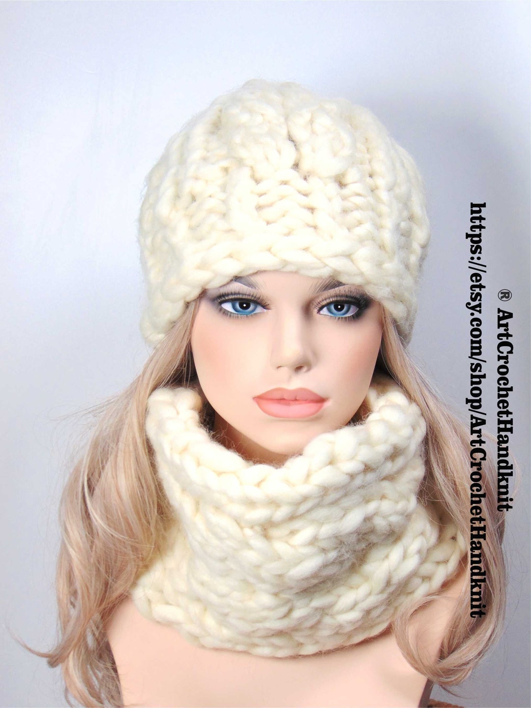 Oversized Hat/scarf Set Giant Scarf Hat Women's. White Bulky Wool Scarf