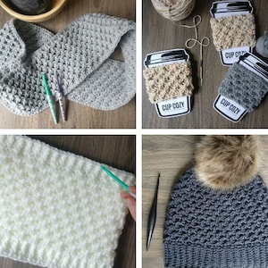 Puede incluir: Cuatro artículos de ganchillo: una bufanda infinita gris, una bufanda blanca, un gorro gris con un pompón de piel sintética y dos calientavasos. Los calientavasos están etiquetados como "Cup Cozy".