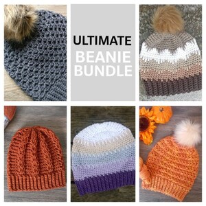 May include: A collection of handmade beanies in various colors and styles. The beanies include a gray open-weave design with a brown faux fur pom, a brown and white striped beanie with a brown pom, and an orange ribbed beanie.