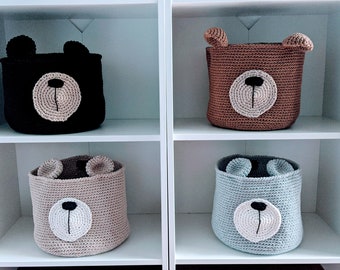 Bear crochet basket, Woodland nursery decor, Crochet basket, Storage basket, Cord basket