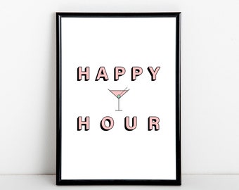 Happy hour martini artwork, black and white art print, kitchen print, A6, 5x7, A5, 8x10, A4, 11x14, A3 sizes available