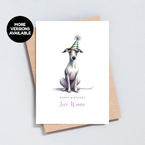 Graue Whippet Greyhound Geburtstagskarte, personalisierte Karte von / bis Hund, Hundegeburtstag, Windhundname, A6 und 5x7 Größe - GC135