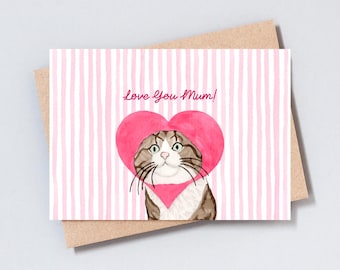 Cartão para Mãe de Gato, Cartão de Dia das Mães "Te Amo Mãe", Cartão de Aniversário Fofo com Gato para a Mamãe - GC642