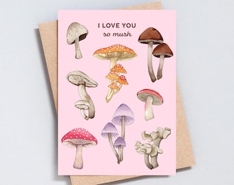 I Love You So Mush Grußkarte - Pilz-Aquarell-Illustration, Valentinstag, Hochzeitstag, Natur-Wortspielkarte - GC630