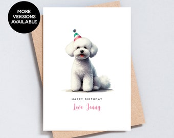 May include: A white Bichon Frise dog wearing a colorful party hat. The dog is sitting and looking at the camera. The text "Happy Birthday Love Jenny" is written below the dog.