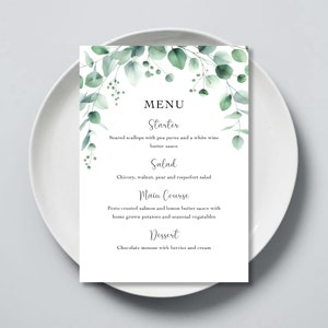 Menu de jantar de casamento em aquarela de eucalipto, totalmente personalizável, design exclusivo moderno e delicado, impresso em cartão branco martelado tamanho 5x7