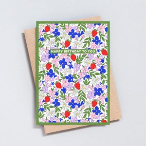 Tarjeta de felicitación de cumpleaños con flores de fresa, tamaño A6 o 5x7 - GC442