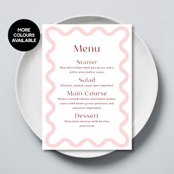 Wavy Edge Border Menu, Wedding, Dinner Party, Birthday, Fully Customisable, Modern Unique Design, Printed On White Hammered Card, 5x7 Size