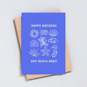 Beach Babe Birthday Greeting Card Seashell Fish Waves Seaweed Sun Seahorse Illustration, Birthday Card - A6 or 5x7 size - GC501