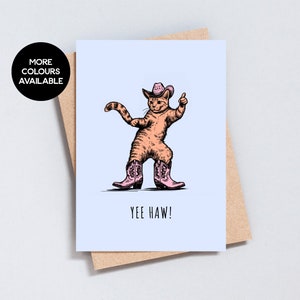 Cowboy Katze Grußkarte, Geburtstagskarte, Ingwer Katze tanzt in Cowboystiefel und Cowboyhut, Yee Haw Howdy Lustige Karte A6 und 5x7 Größe - GC142