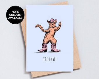 Cowboy Cat Greeting Card, Birthday Card, Ginger Cat Dancing In Cowboy Boots and Cowboy Hat, Yee Haw Howdy Funny Card A6 and 5x7 Size - GC142