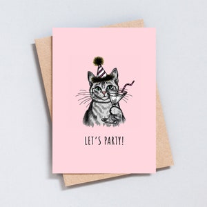 Biglietto d'auguri per festeggiare, biglietto d'auguri per gatti, cocktail Martini, simpatico gatto grigio da festa, formato A6 e 5x7 disponibile - GC169
