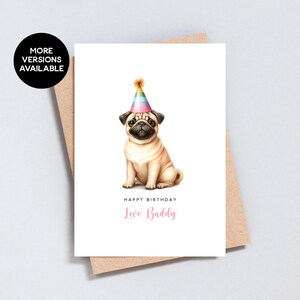 Verjaardagskaart mopshond, kaart van of voor hond, gepersonaliseerde naam hond aquarel illustratie kaart van huisdier, A6- of 5 x 7-formaat - GC218