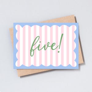 Five Carte de voeux pour 5e anniversaire, cadeau pour fille/garçon, carte à rayures, carte d'anniversaire importante, ajout d'un message personnalisé, format A6/5 x 7 - GC476